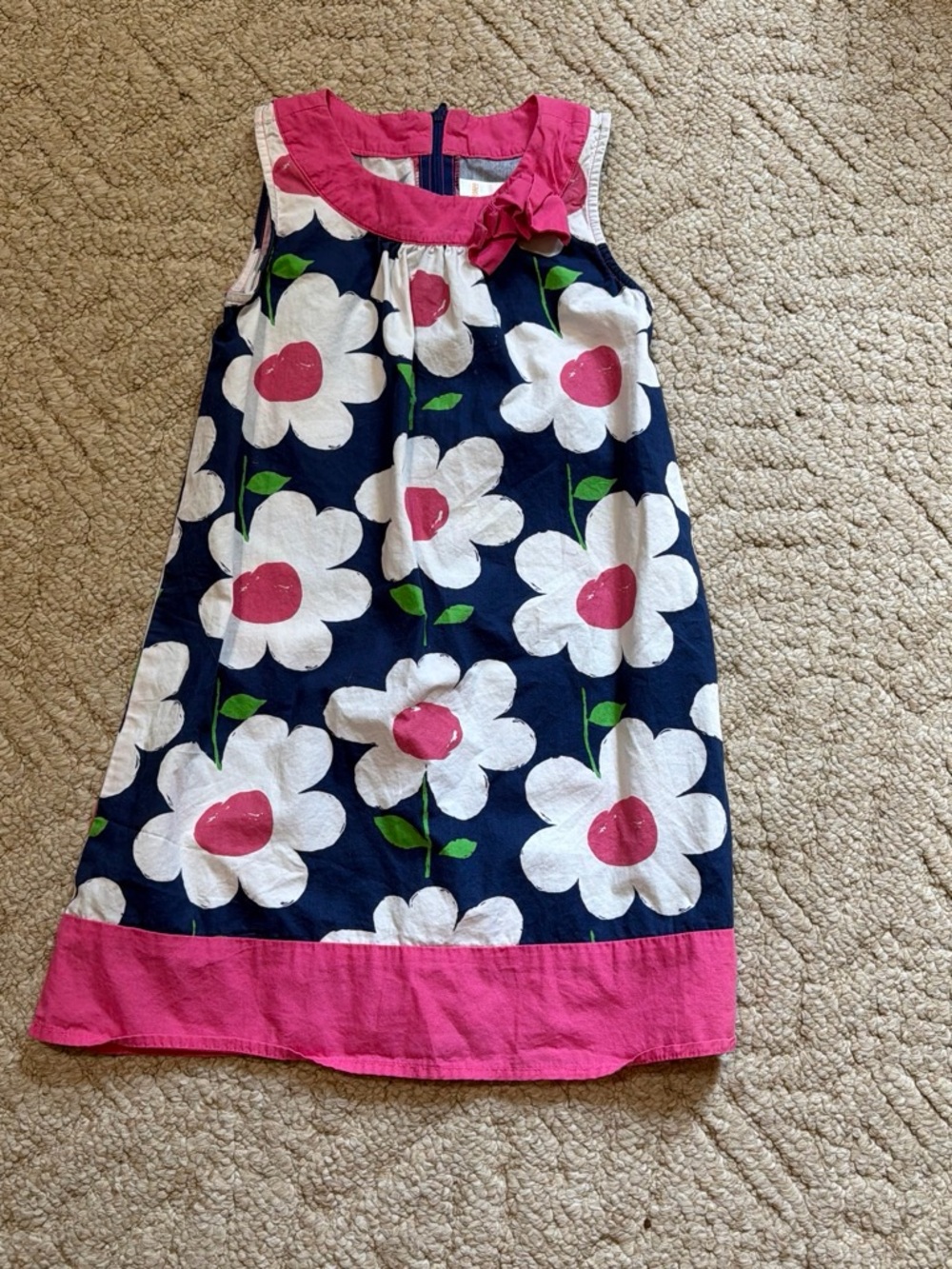 Gymboree Navy Floral Shift Dress with Pink Trim and White Flowers